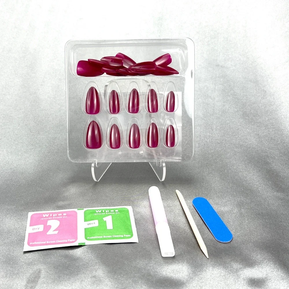 24pcs Soft Gel‎ Press On Nails Cat Eye Magenta Pink Almond Shimmer Reusable Kit